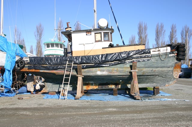 Wooden fishing boat on the hard, Port Townsend, WA