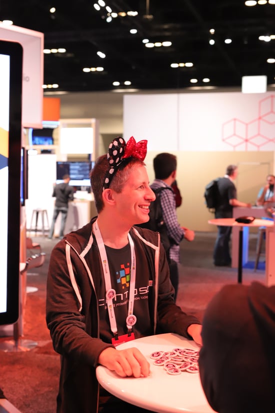 Attendee wearing strange headgear.