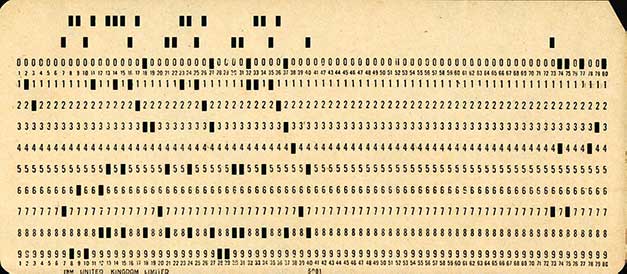 This is a punchcard. Punchcards were a terrible idea. "Used Punchcard" by BinaryApe is licensed under CC BY 2.0