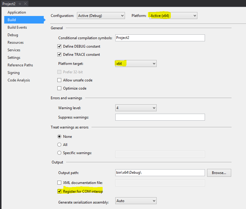 Screenshot to make sure that you have setup your migrated project to be a 64 bit assembly and expose it thru COM