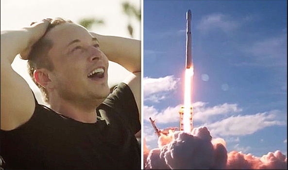 Image of a man looking into the sky while a rocket launches to space