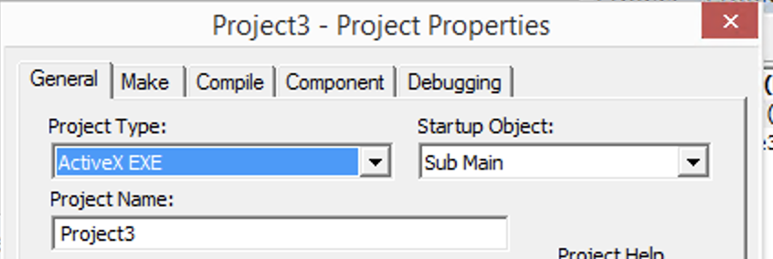 Screenshot of ActiveX EXE project options