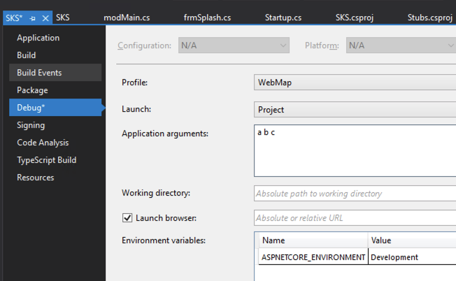 Screenshot of parameters start in VS