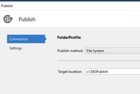 Screenshot of after you select publish, you can select the method - for simplicity use the Folder publish