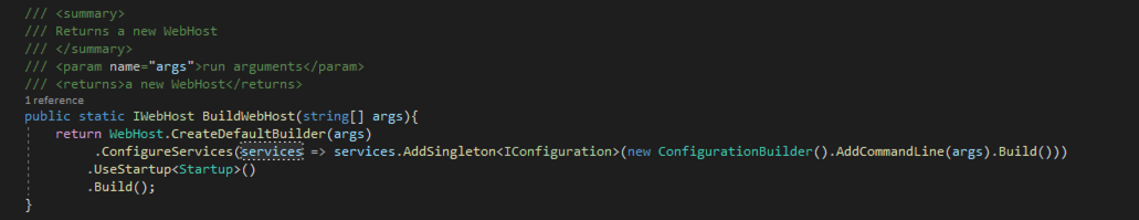 Screenshot of what your code should look like after you Modify the BuildWebHost method in StartUp
