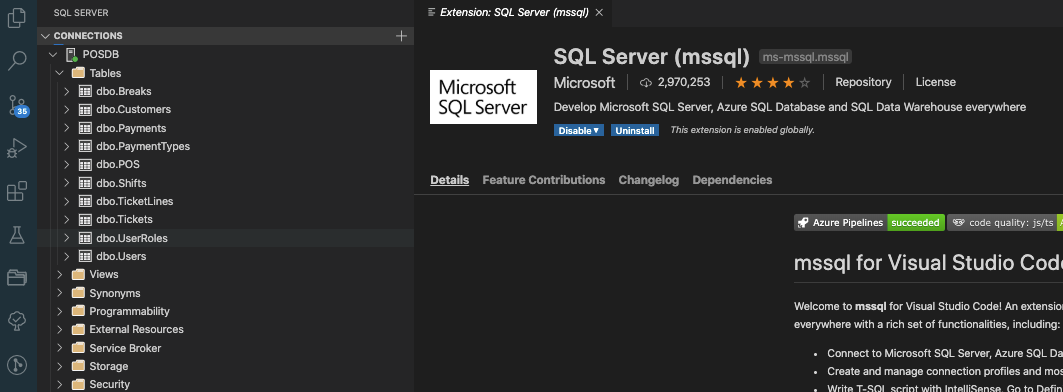 Screenshot to check docker container work and use the Microsoft SQL Server extension.