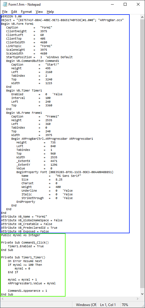 Image of the code opened from the form file using a text editor such as Notepad