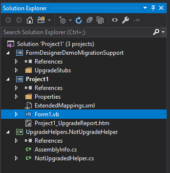 Image showing how once migrated project is opened, Visual Studio groups the form files in the solution explorer