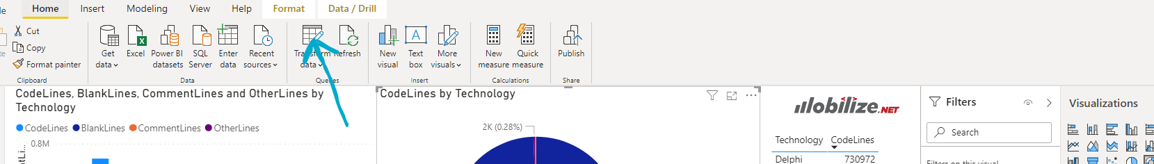 Screenshot to select "Transform Data" from the ribbon on the main menu which will open the Power Query Editor in a new window.