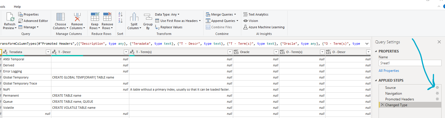 Screenshot to click on the gear next to Source in the Query Settings Navigation Panel to get to the settings menu