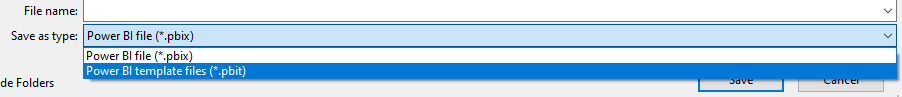 Screenshot to choose Power Bi template in the save file